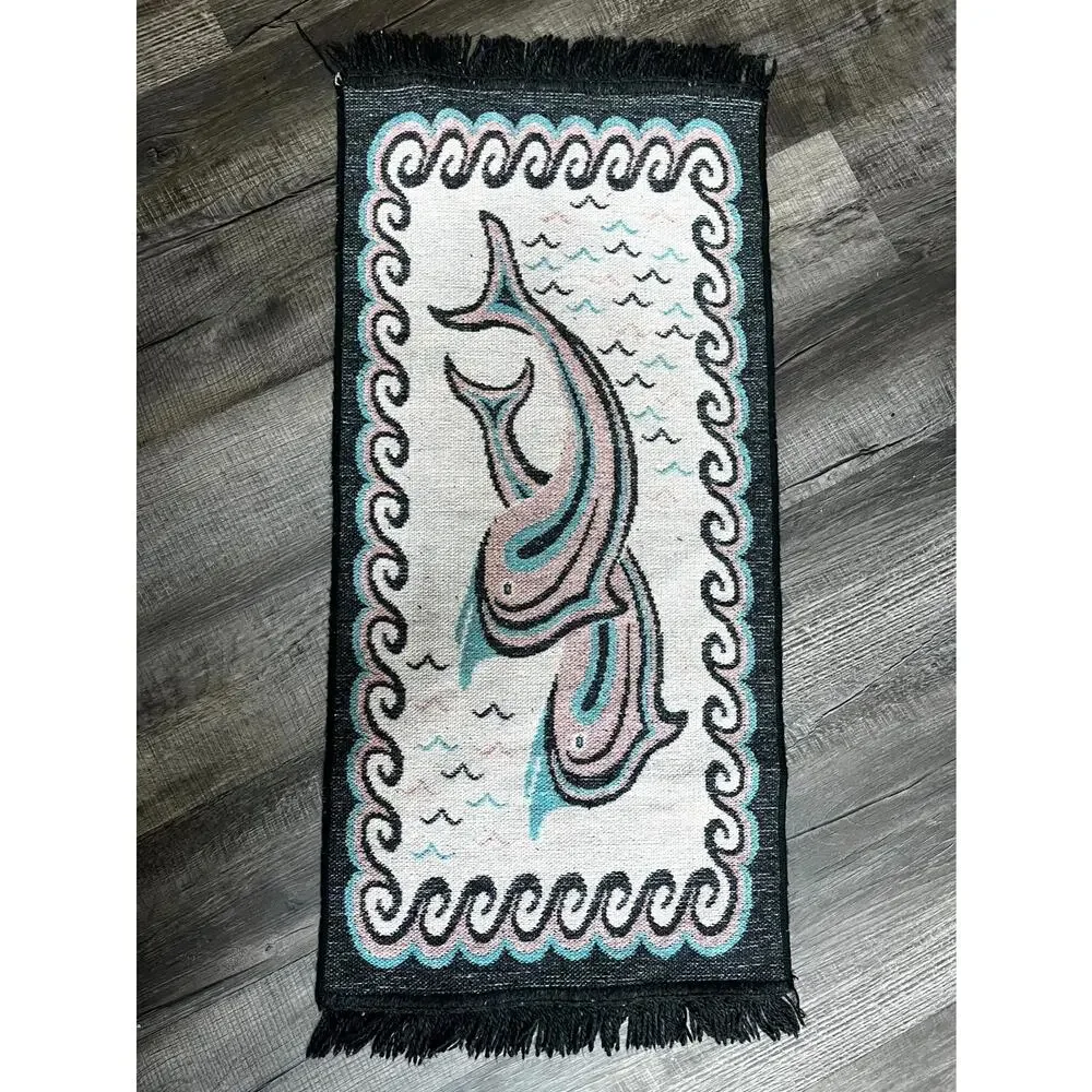 Vintage Woven Dolphin Tapestry Rug Coastal Nautical Teal Pink Black Fringe 28x12